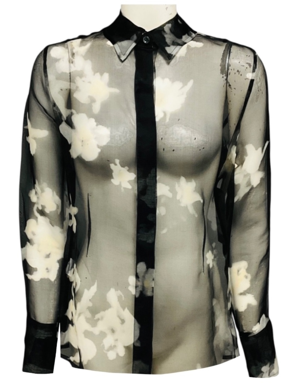 ALTUZARRA BLACK / IVORY FLORAL PRINTED SHEER CHIFFON CHIKA TOP